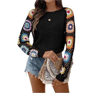 Women's Crochet Sweater Long Sleeve Floral Knit Top Casual Office Wear